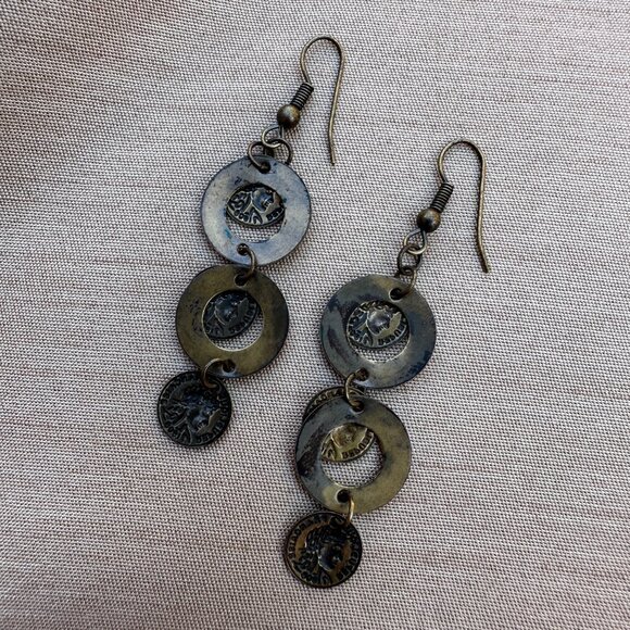 Vintage French Coin Drop Statement Earrings Coin Jewellery - Picture 3 of 5